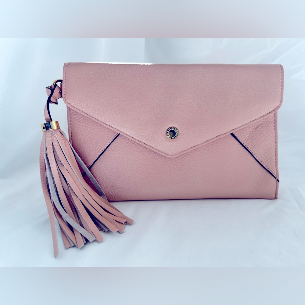 Isaac Mizrahi dusty pink leather clutch.